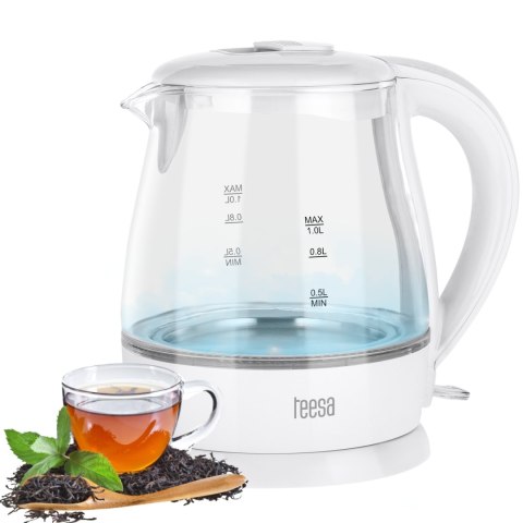 Czajnik elektryczny TEESA, szklany, 1650 W, biały, 1 L Czajnik elektryczny TEESA, szklany, 1650 W, biały, 1 L