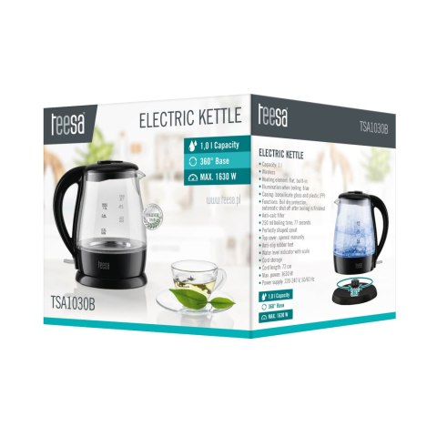 Czajnik elektryczny TEESA, szklany, 1650 W, czarny, 1 L Czajnik elektryczny TEESA, szklany, 1650 W, czarny, 1 L