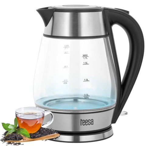 Czajnik elektryczny TEESA, szklany + inox, 2000 W, czarny, 1,7 L Czajnik elektryczny TEESA, szklany + inox, 2000 W, czarny, 1,7 L