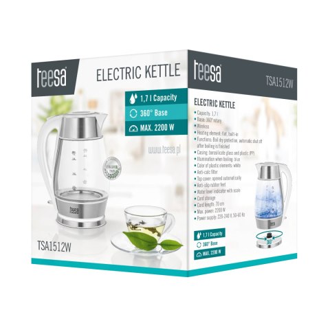 Czajnik elektryczny TEESA, szklany + inox, 2200 W, biały, 1,7 L Czajnik elektryczny TEESA, szklany + inox, 2200 W, biały, 1,7 L
