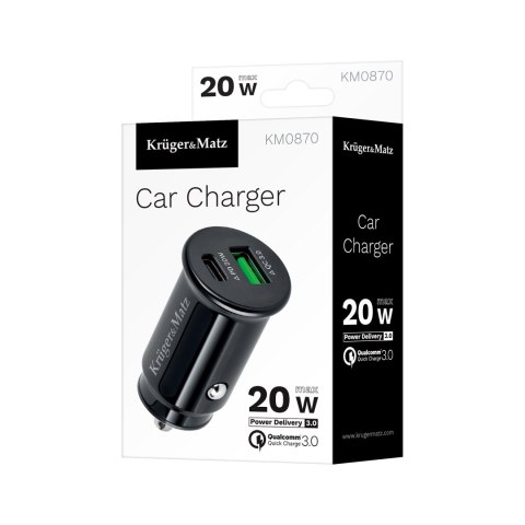 Ładowarka samochodowa Kruger&Matz dual USB 3100 mA z funkcją Quick Charge 3.0 i Power Delivery Ładowarka samochodowa Kruger&Matz dual USB 3100 mA z funkcją Quick Charge 3.0 i Power Delivery