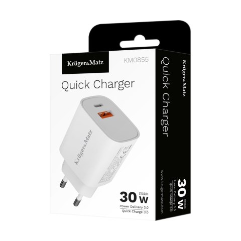 Ładowarka sieciowa Kruger&Matz GaN dual USB z funkcją Power Delivery i Quick Charge Ładowarka sieciowa Kruger&Matz GaN dual USB z funkcją Power Delivery i Quick Charge