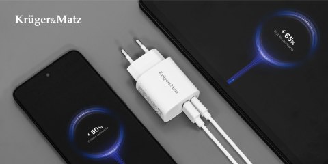 Ładowarka sieciowa Kruger&Matz GaN dual USB z funkcją Power Delivery i Quick Charge Ładowarka sieciowa Kruger&Matz GaN dual USB z funkcją Power Delivery i Quick Charge