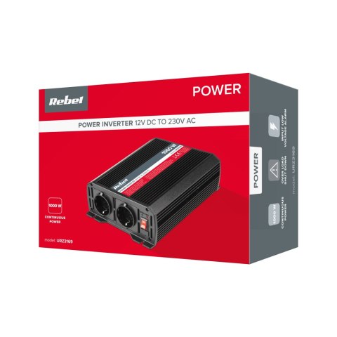 Przetwornica REBEL 12V/230V 1000W 2 gniazda typu F :niemieckie Przetwornica REBEL 12V/230V 1000W 2 gniazda typu F :niemieckie