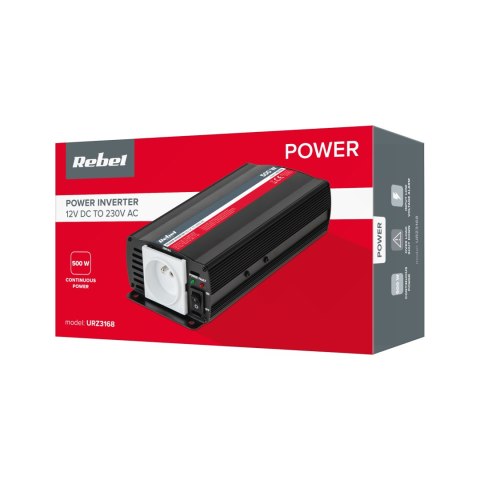 Przetwornica REBEL 12V/230V 500W(gn. typu E:polskie, francuskie) Przetwornica REBEL 12V/230V 500W(gn. typu E:polskie, francuskie)