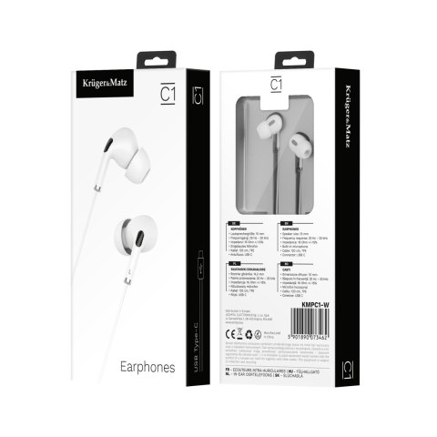 Słuchawki dokanałowe z mikrofonem na USB-C Kruger&Matz C1 białe Słuchawki dokanałowe z mikrofonem na USB-C Kruger&Matz C1 białe
