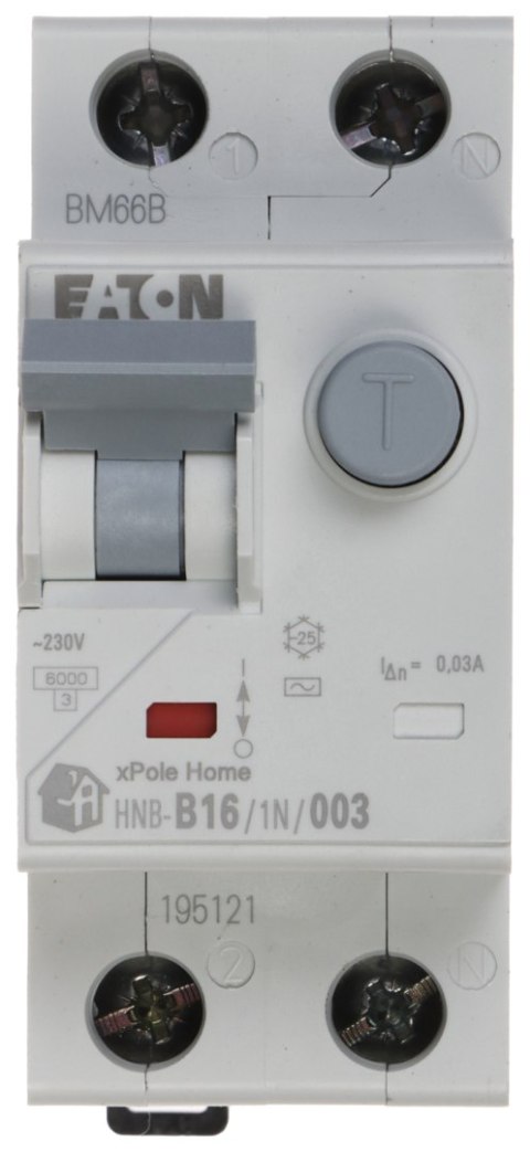 WYŁĄCZNIK RÓŻNICOWO-NADPRĄDOWY HNB-B16/1N/003 JEDNOFAZOWY, TYP AC 30 mA 16 A EATON WYŁĄCZNIK RÓŻNICOWO-NADPRĄDOWY HNB-B16/1N/003 JEDNOFAZOWY, TYP AC 30 mA 16 A EATON