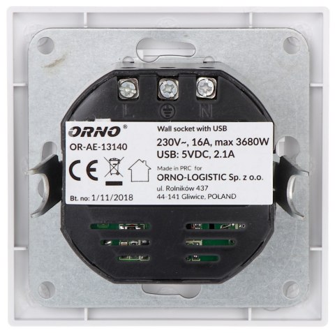 GNIAZDO POJEDYNCZE Z ZASILACZEM USB OR-AE-13140 230 V 16 A ORNO GNIAZDO POJEDYNCZE Z ZASILACZEM USB OR-AE-13140 230 V 16 A ORNO